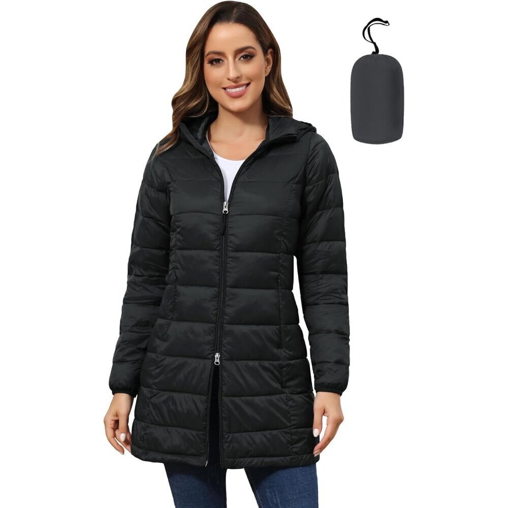 🆕 Women Black Long Quilted Puffer Coat Packable Lightweight Pockets Jacket Hood